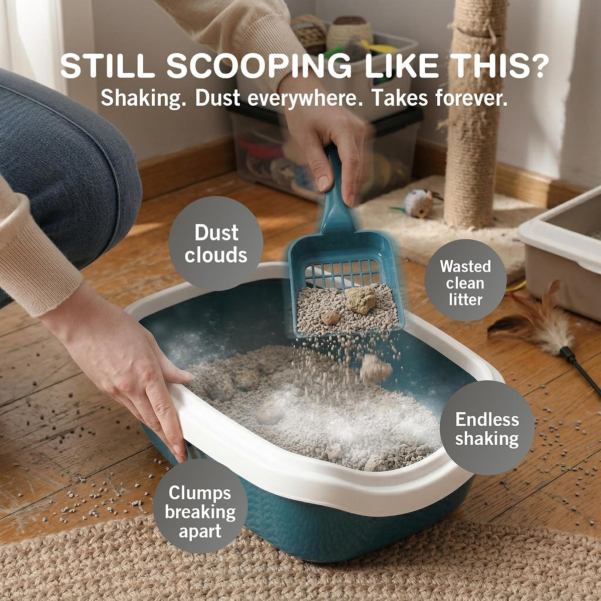 Sprinkle & Sweep: Litter Box Speed Sifter- 2 Pack - Metal Scoop, Comfortable Wood Grip, Washable Stand, Efficient Cleaning, Cat & Pet Maintenance