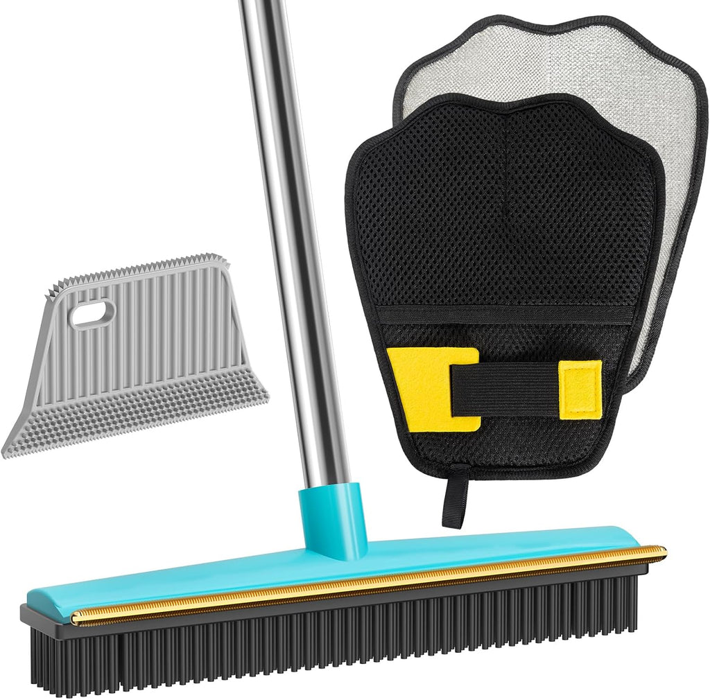 Carpet Rake for Pet Hair Removal, 60" Long Handle Rubber Broom (3 Pack)