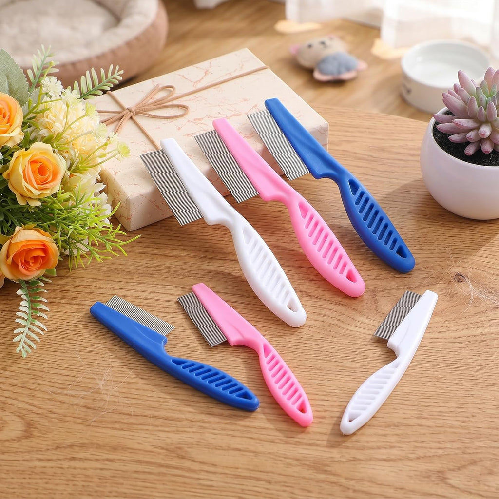 24 Pcs Flea Comb for Cats and Dogs, Stainless Steel Metal Teeth Detangling Grooming Tool, 12 Large 12 Small, White Pink Blue, 2 Sizes