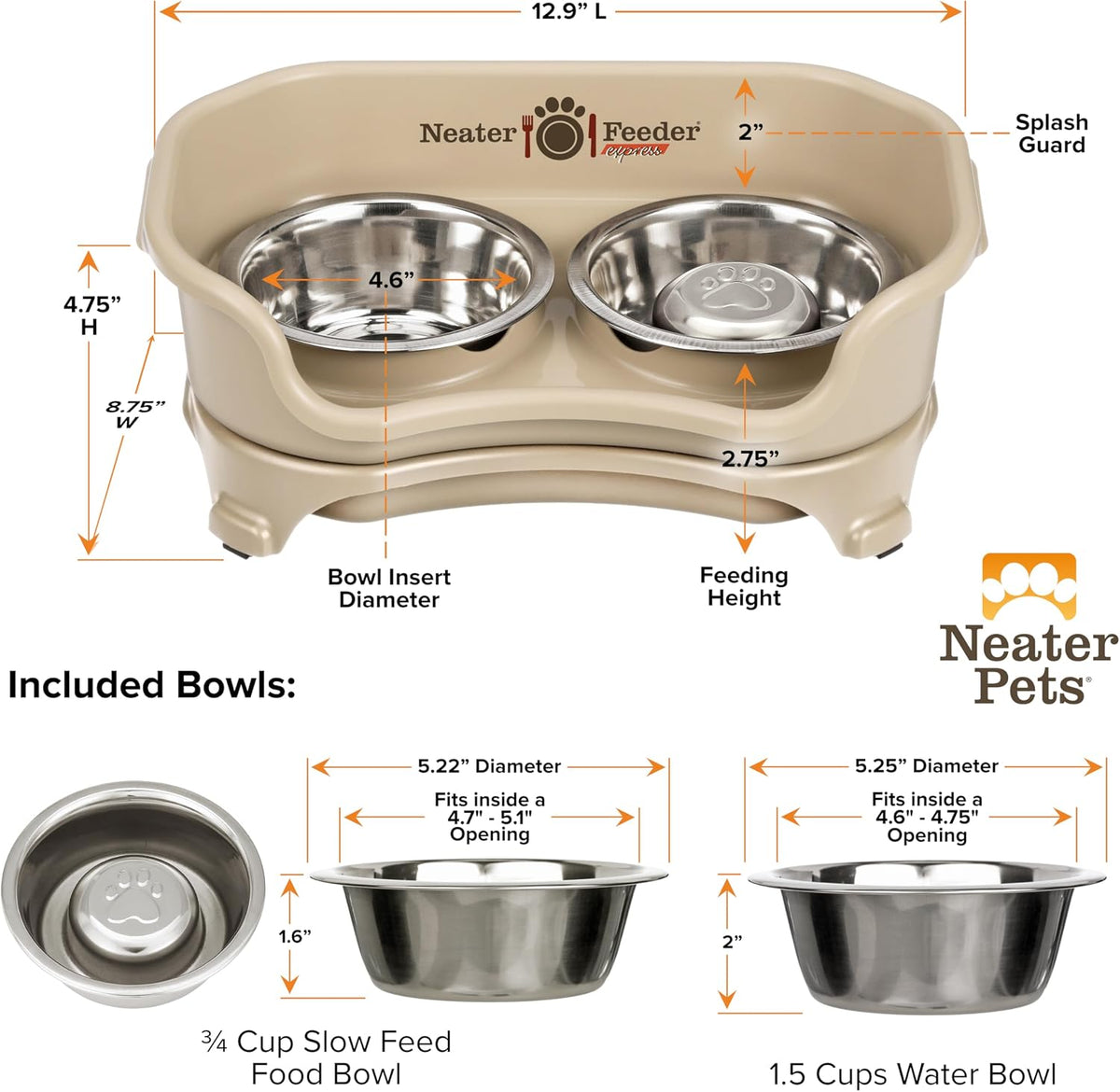 Neater Feeder Express Mess Proof Dog Bowls Elevated for Small Breed – Made in USA – No Spill Raised Slow Feeder Elevated Dog Bowl Stand, Stainless Steel Food and Water Bowl Set, Almond