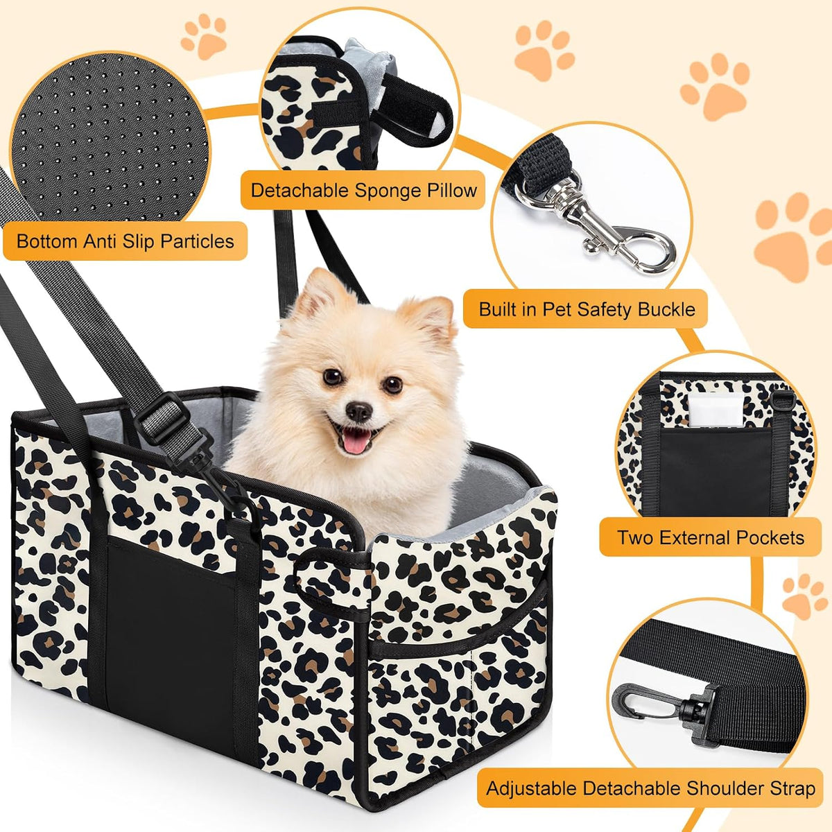 Portable Dog Car Seat for Small Dogs, Puppy Car Seat, Leopard