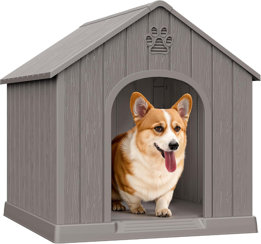Bifanuo Outdoor Indoor Dog House for Small & Medium Dogs - Weatherproof Shelter with Elevated Floor, Hidden Vents & Tool-Free Assembly (Classic Grey, 26" L x 23.6" W x 25.8" H)