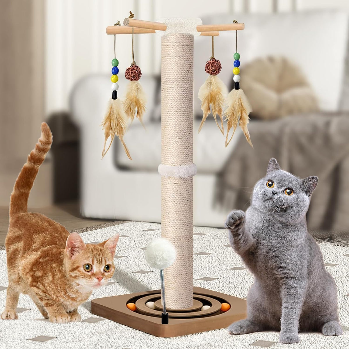Tall Cat Scratching Post, 33 Inch Sisal Scratcher with Toys for Large Cats