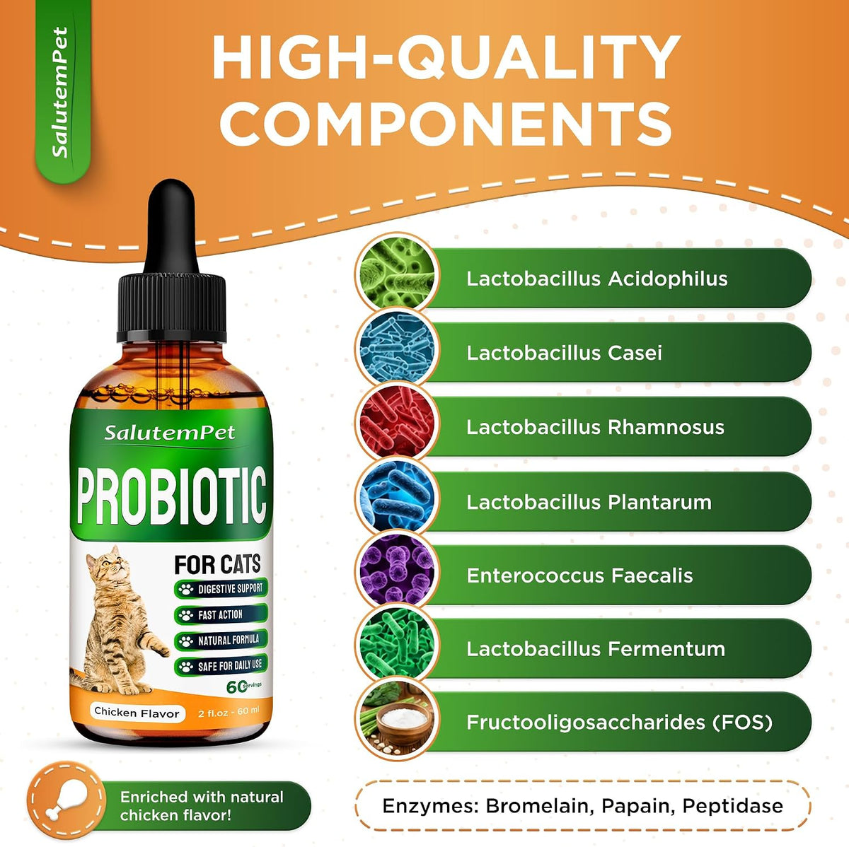 Cat Probiotic Helps with Colic, Upset Stomach, Diarrhea, Gas, and Bloating – Advanced Prebiotics & Probiotics for Cats Digestive Support – Enriched with Chicken Flavor – 2 Oz