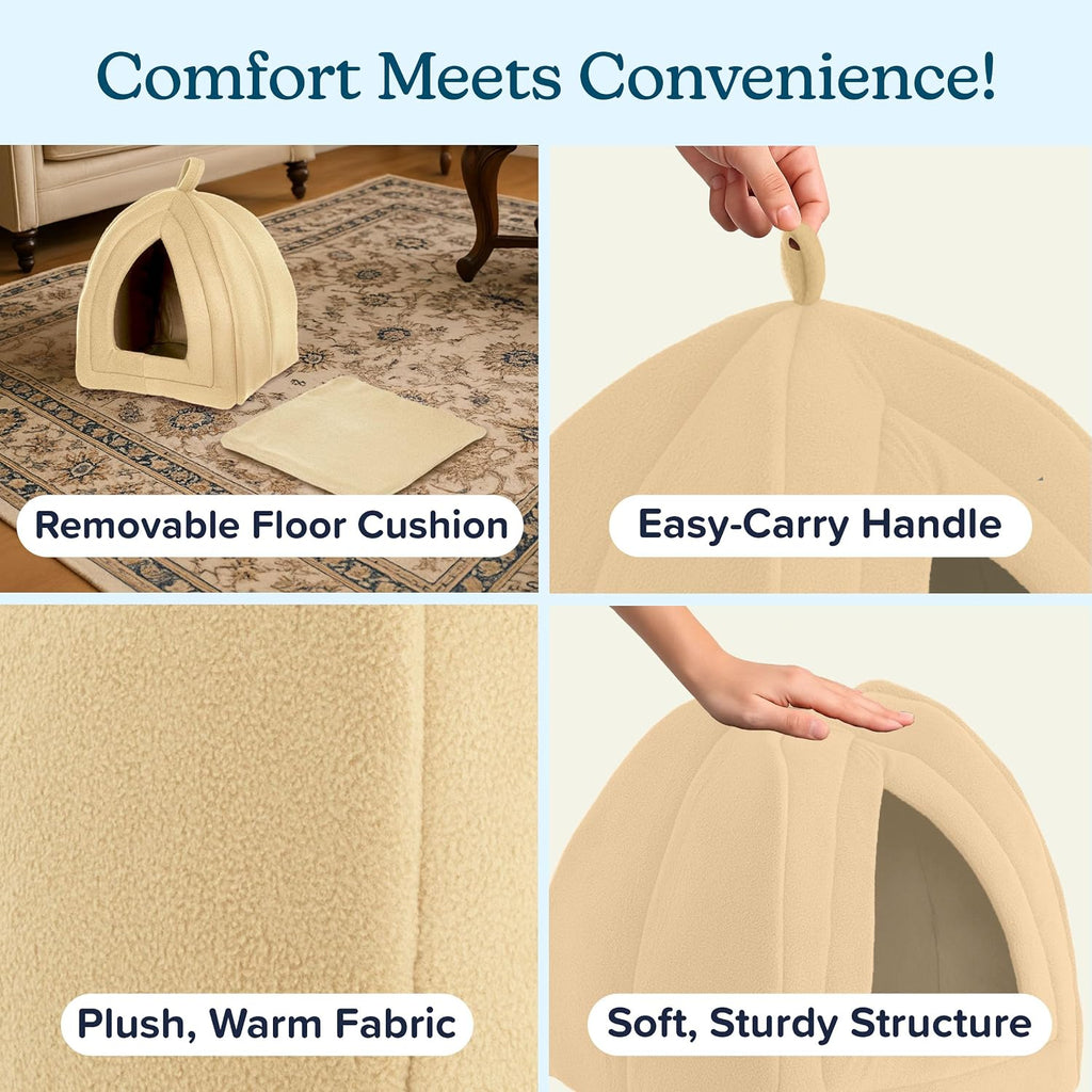 Cat House - Indoor Bed with Removable Foam Cushion - Pet Tent for Puppies, Rabbits, Guinea Pigs, Hedgehogs, and Other Small Animals by PETMAKER (Tan)