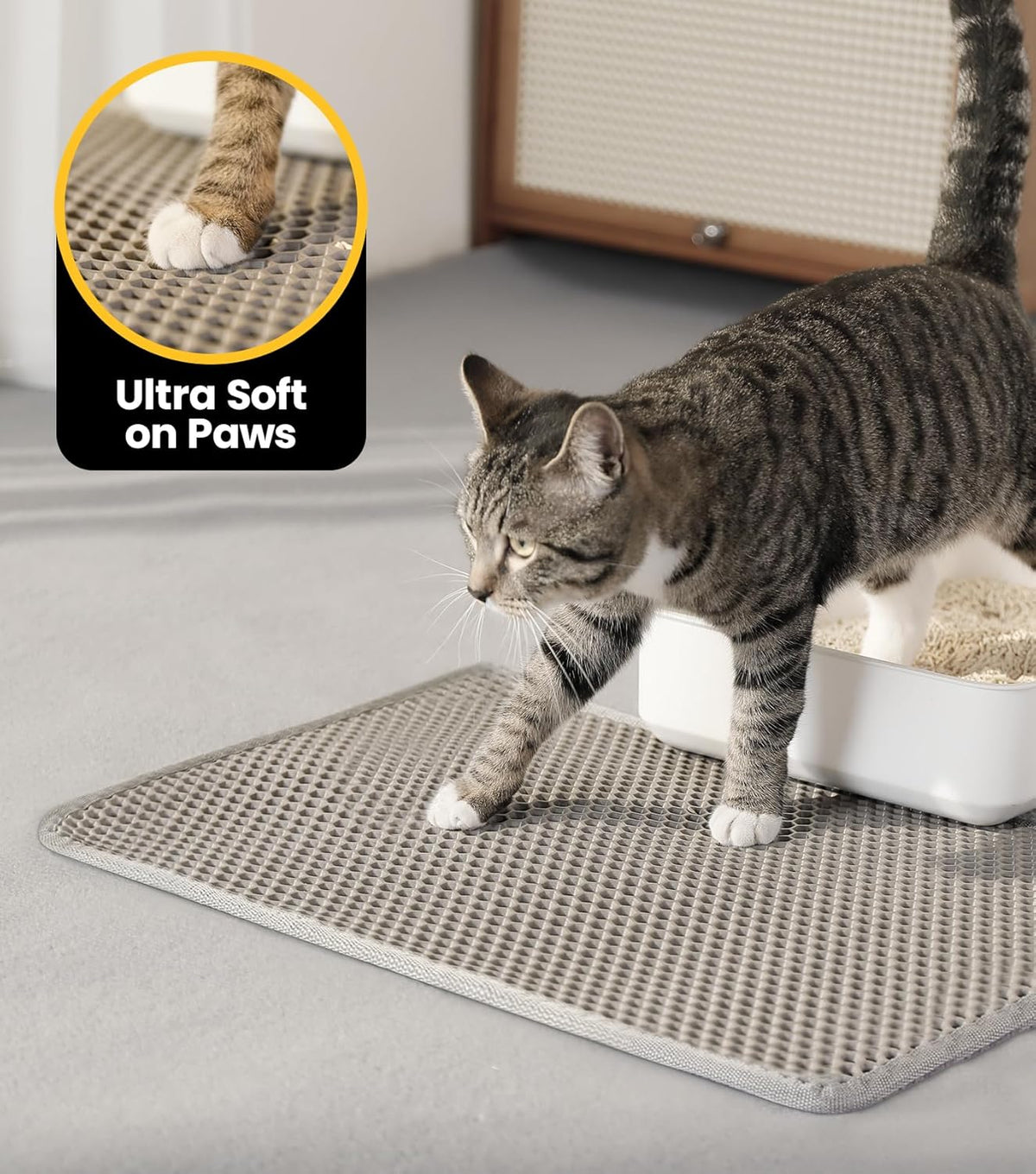 Cat Litter Trapping Mat, 24"x18" Universal Fit Litter Box Floor Mat, Hexagon Grids & Anti-Leak Base, Machine Washable, Non-Slip Kitty Mat for Most Homes, Gray