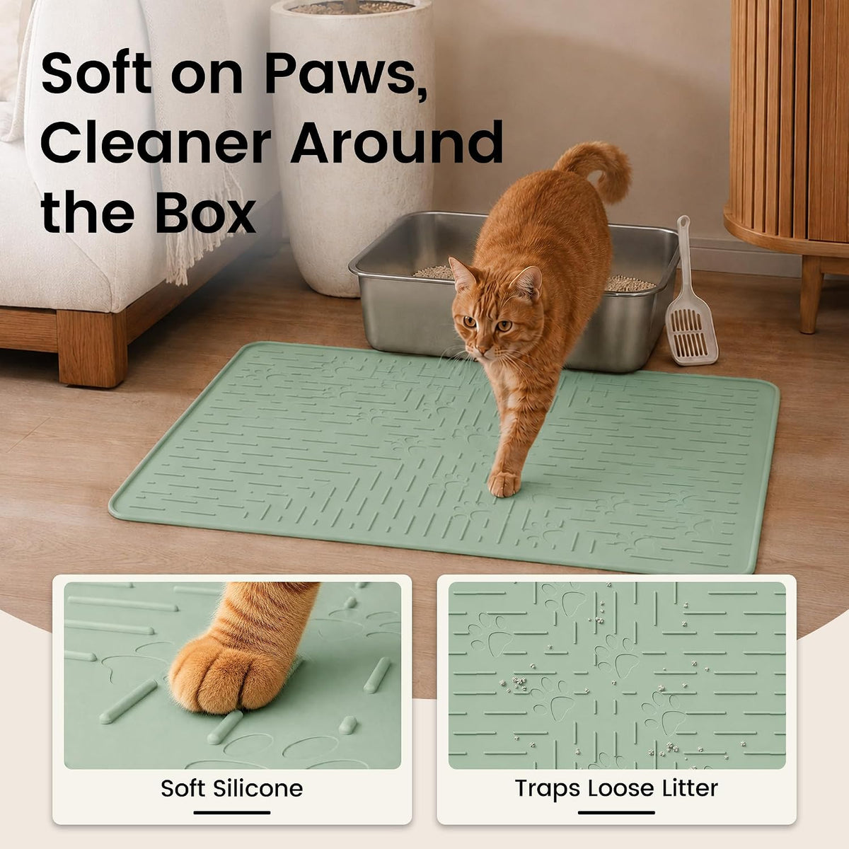 OHMO Cat Litter Mat 23.5x16 Silicone Trapping Mat Sage Green | for Kitty Litter Box, Easy Clean, BPA Free Rubber, Center Litter Collection, Easy Pour-Back, Waterproof, Odor-Resistant
