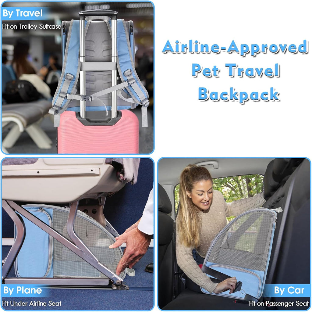 Cat Backpack Carrier, Small Dog Carrier Backpack with Fully Ventilated Mesh, Kitten Wand Feather Toy & Safety Leash, Collapsible Travel Hiking Pet Carrier for Small Dogs Cat Puppy Kitten Bunny (Blue)