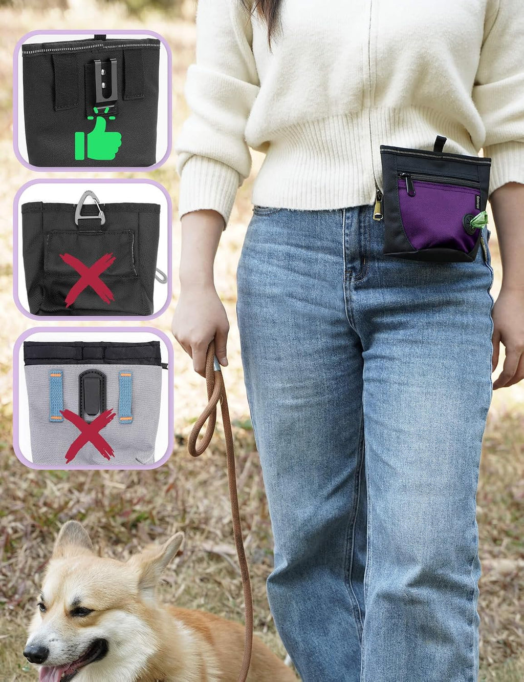 Gobeigo 2 Cup Dog Treat Pouch with Training Clicker(Black/Purple)