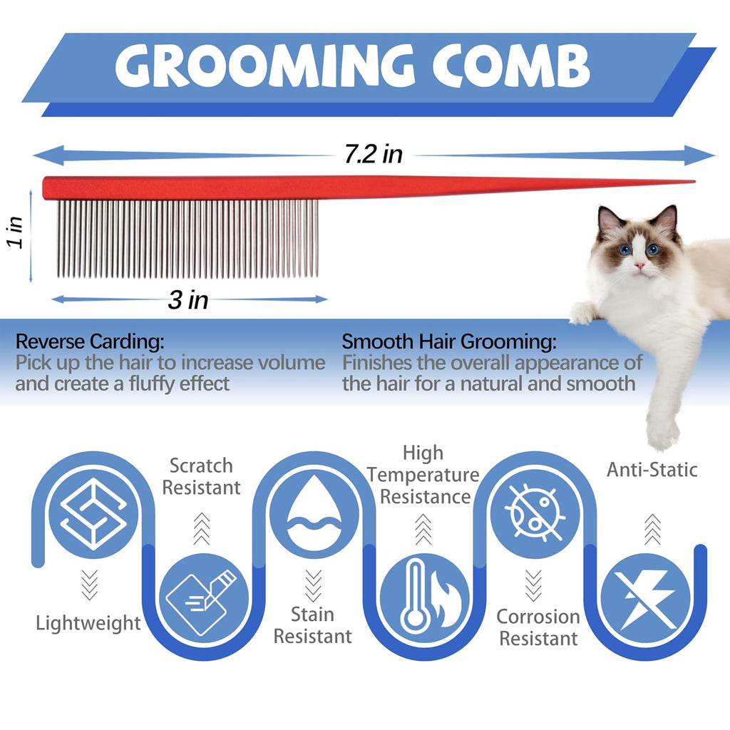 Grooming Pet Comb Rat Tail Dematting Cat and Dog Comb，Rounded Ends Design for Safe Tangle Removal, Hairstyling, Massage，Loose Hair Removal，Prevent Irritation，Fluffing Paws,Face,Tail,Remove Tear Stain