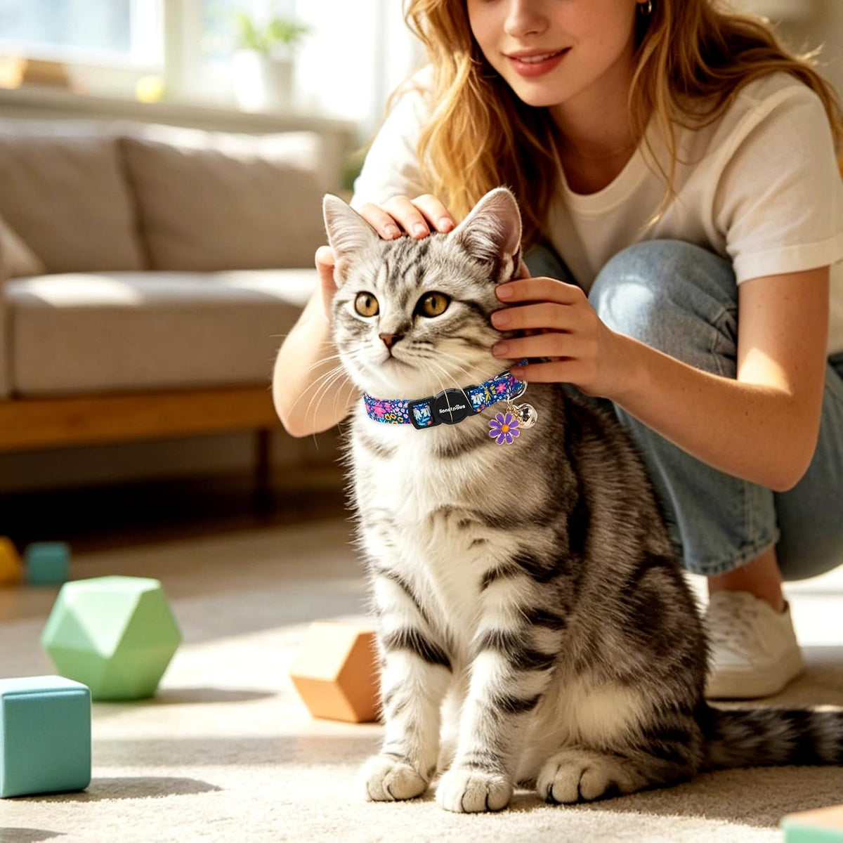 LIONET PAWS 2 Pack Breakaway Girl Cat Collars, Cute Soft Cotton Blue Floral & Pink White Bow Kitten Collars with Bell for Girly Female Cats