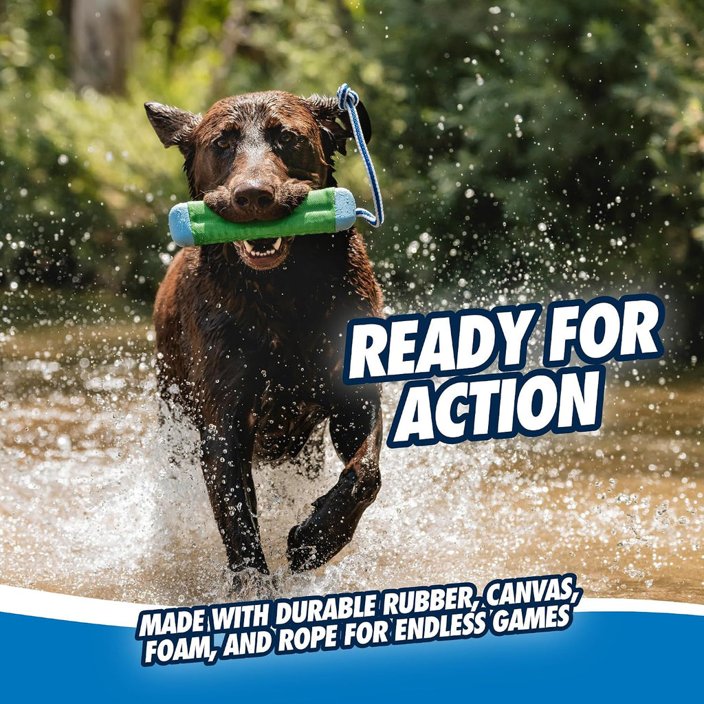 Chuckit! Amphibious Bumper Fetch and Float Toy 2 Sizes Assorted Colors | Floats in Water & Keeps Dogs Busy with Interactive Fetch Play; Made of Tough Rubber, Nylon & Foam with Non-Slip Rope Handle