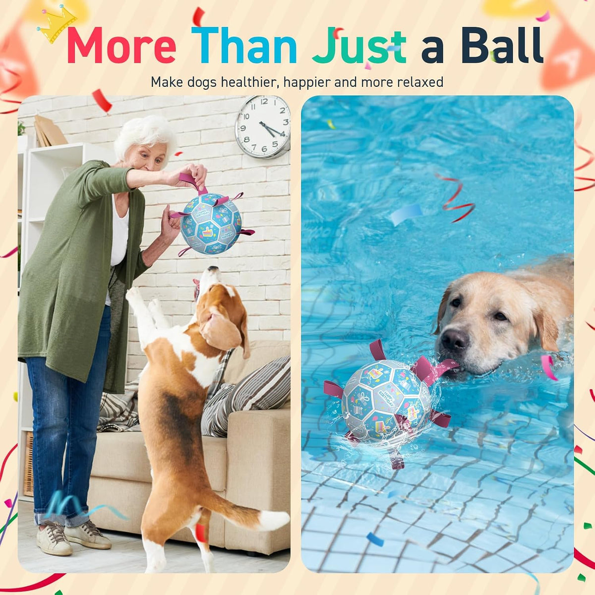 QDAN Dog Birthday Toys, Puppy Birthday Gifts, Dog Soccer Ball with Straps | 8 Inch Outdoor Herding Balls for 30-90 lbs Dogs, Interactive Training Soccer Toy for Tug of War, Dog Ball to Keep Them Busy