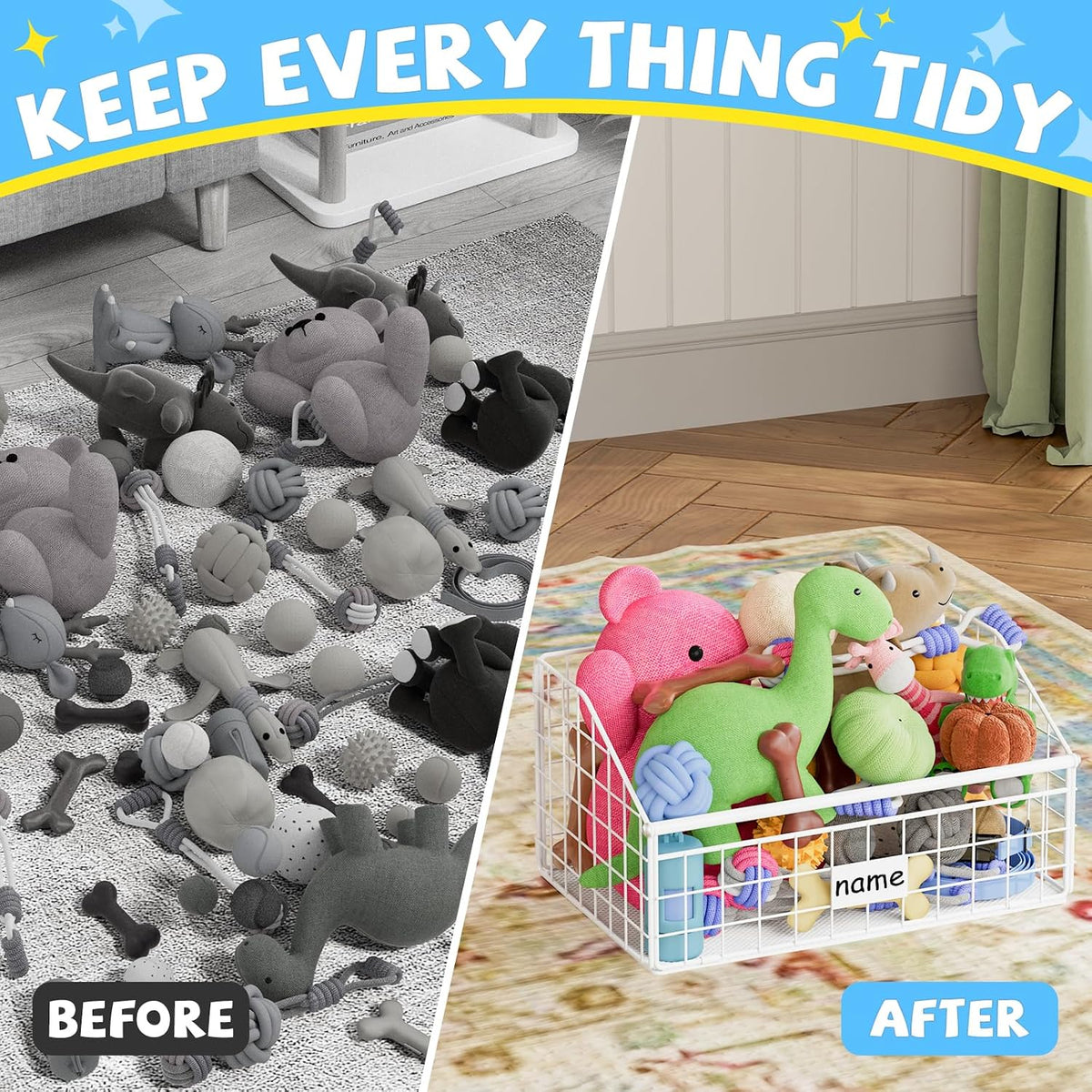 Kaiferty Indestructible Dog Toy basket, Small Toy Box for Dogs, Pet Toy Bin Dog Metal Basket for Toys, Dog Toy Storage, Dog Storage Organizer, Cat Dog Toy Box for Living Room Area (White)