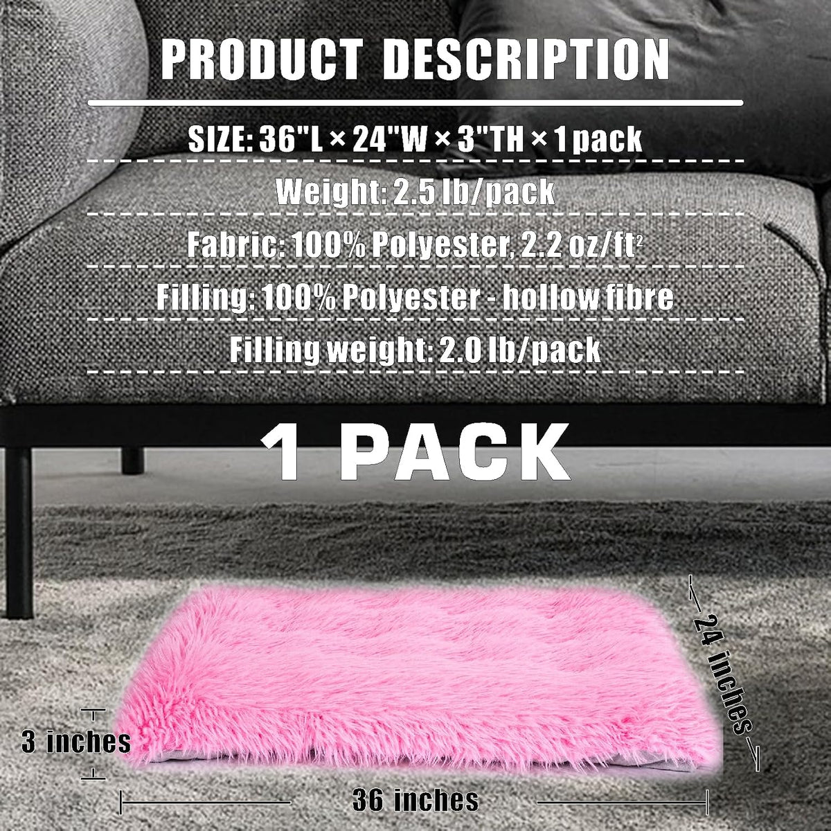 Machine Washable Dog Bed, Deluxe Plush Dog Crate Pad and Cat Bed, Anti-Slip Bottom Kennel Pad Mat, Fuzzy Pet Beds for Large, Medium, Small Dogs Breeds (Pink, 36.0" L x 24.0" W x 3.0" Th x 1 Pack)
