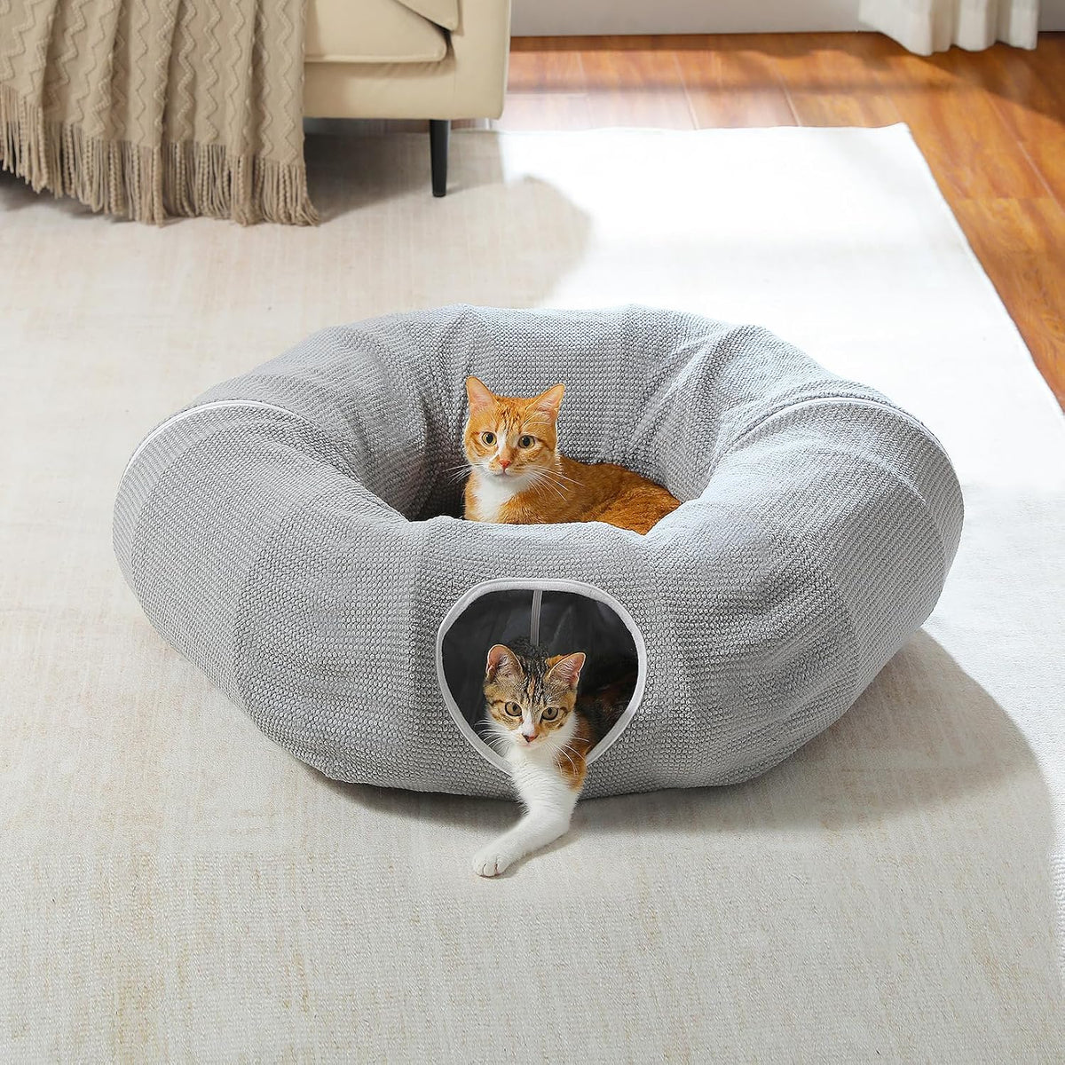 PEQULTI Grey Donut Cat Tunnel Bed Washable Plush Mat Multi for Small Pets