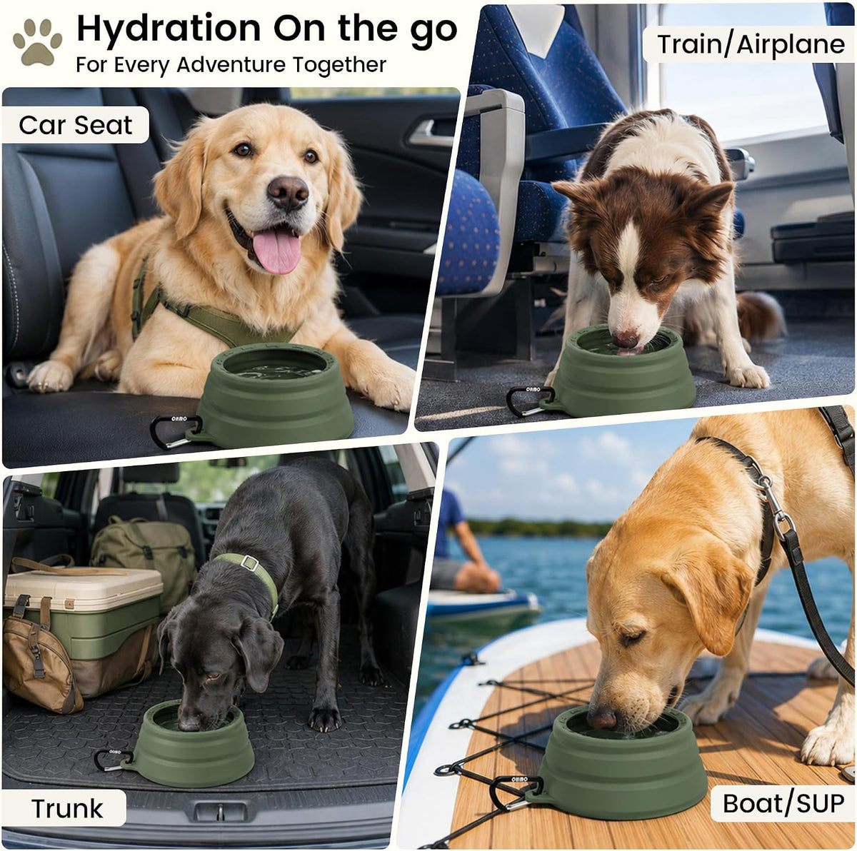 OHMO Spill Proof Collapsible Dog Bowl, 24oz Portable Dog Water Bowl | Low Center Gravity Stability, Tapered Splash Control, Foldable Cat Bowl, Dishwasher Safe, Dog Travel Essential, Camo Green