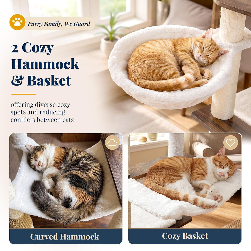 Hey-brother Wooden Cat Tree Tower with Rattan Condo, Large Platform, 2 Cozy Hammocks, Basket, Self-Grooming Brush, 9 Full Sisal Scratching Posts for Indoor Adult Cats, 73 Inches, Rustic Brown MPJ122SR