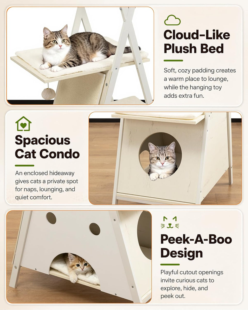 Modern Wood Cat Tree Tower for Indoor Cats Large Adult 67-in Tall