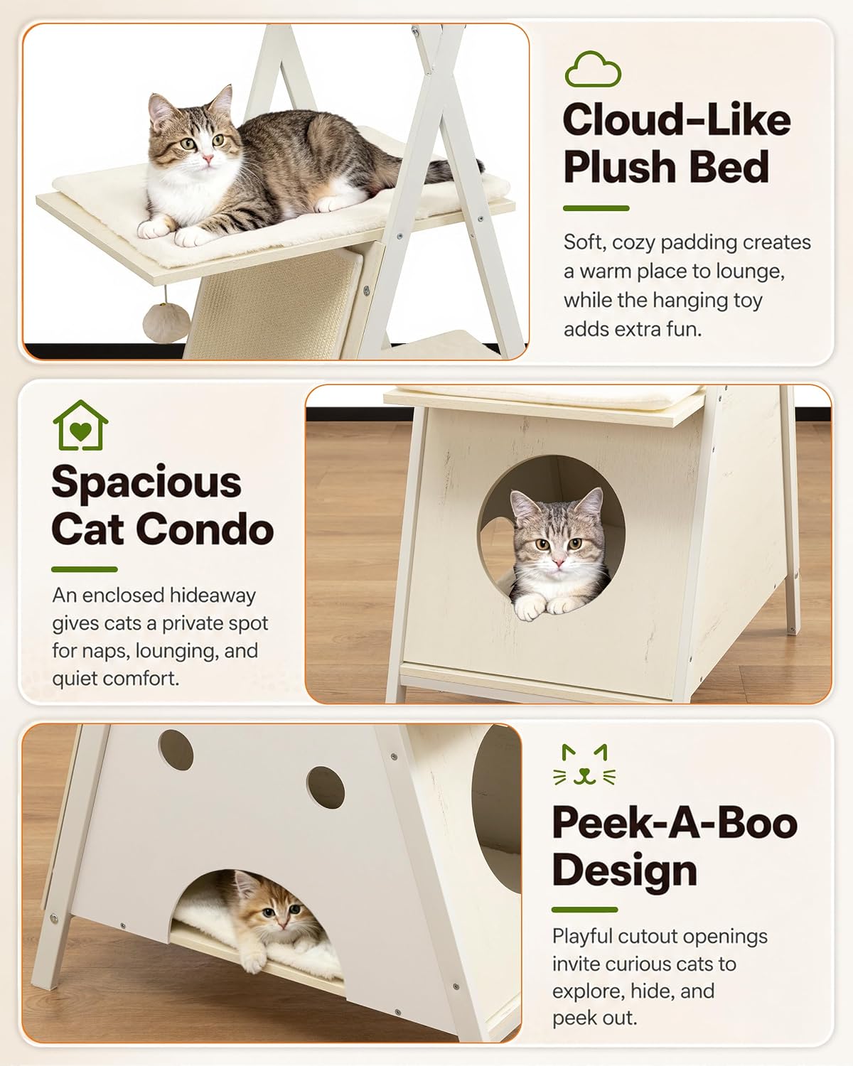 Modern Wood Cat Tree Tower for Indoor Cats Large Adult 67-in Tall