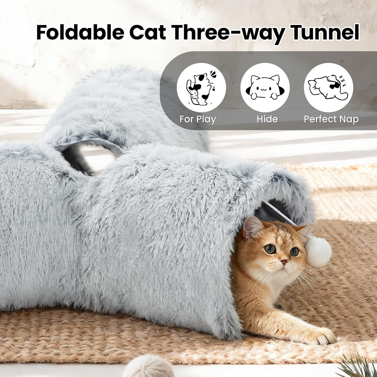 Tempcore Plush Cat Tunnel, 3-Way Collapsible Toy for Indoor Cats, Grey | Plush Fabric Creates a Soft Play Space for Cats, with 3-Way Tunnels, Peek Holes, Hanging Ball and Teaser Wand for Interaction