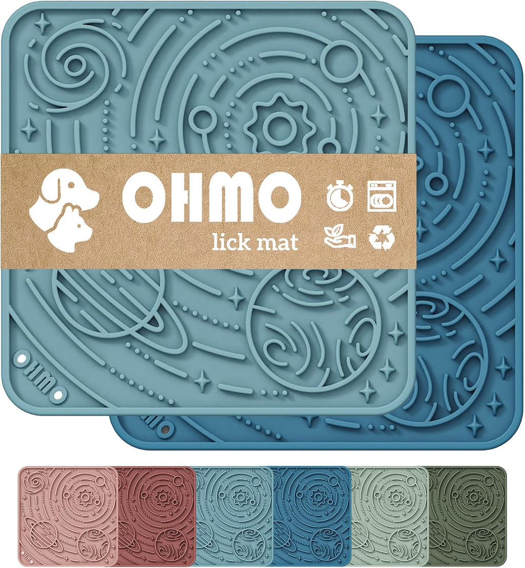 OHMO Lick Mat for Dogs&Cats, Space Pattern, Small, 2pcs, Dark&Light Blue | Pet Enrichment Toys, Slow Feeder, Textured Silicone Surface, Strong Suction Cups, Anxiety&Boredom Relief, Easy-Clean