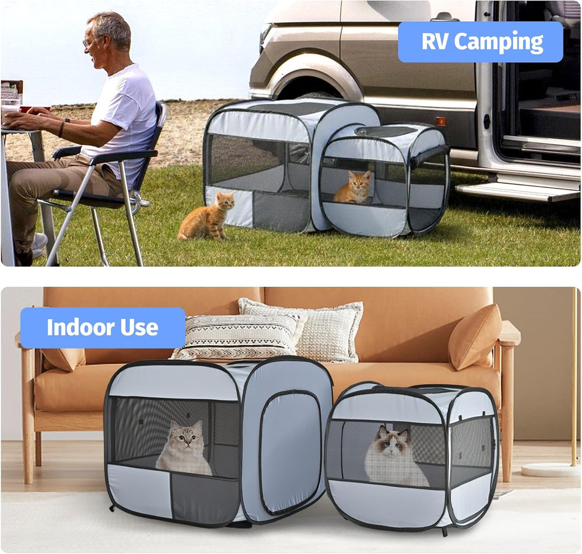 2-in-1 Portable Cat Dog Playpen, Detachable into 2 Separate Cages