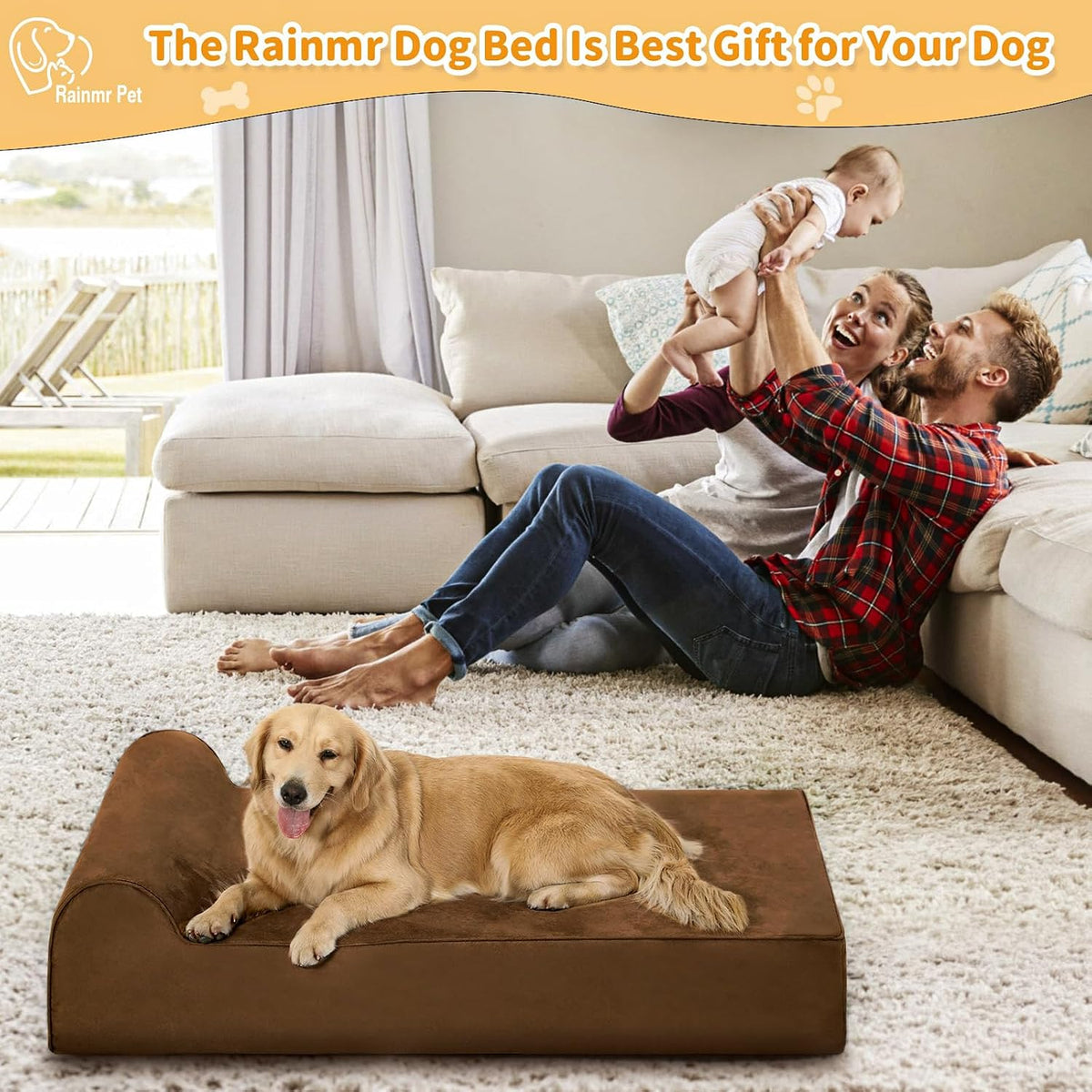 Rainmr Orthopedic Dog Beds for Large Dogs, 7" Memory Foam Dog Beds with Waterproof Liner, Durable Microsuede Cover, Removable and Washable, Nonskid Bottom, 48"x30"x7" L Chocolate