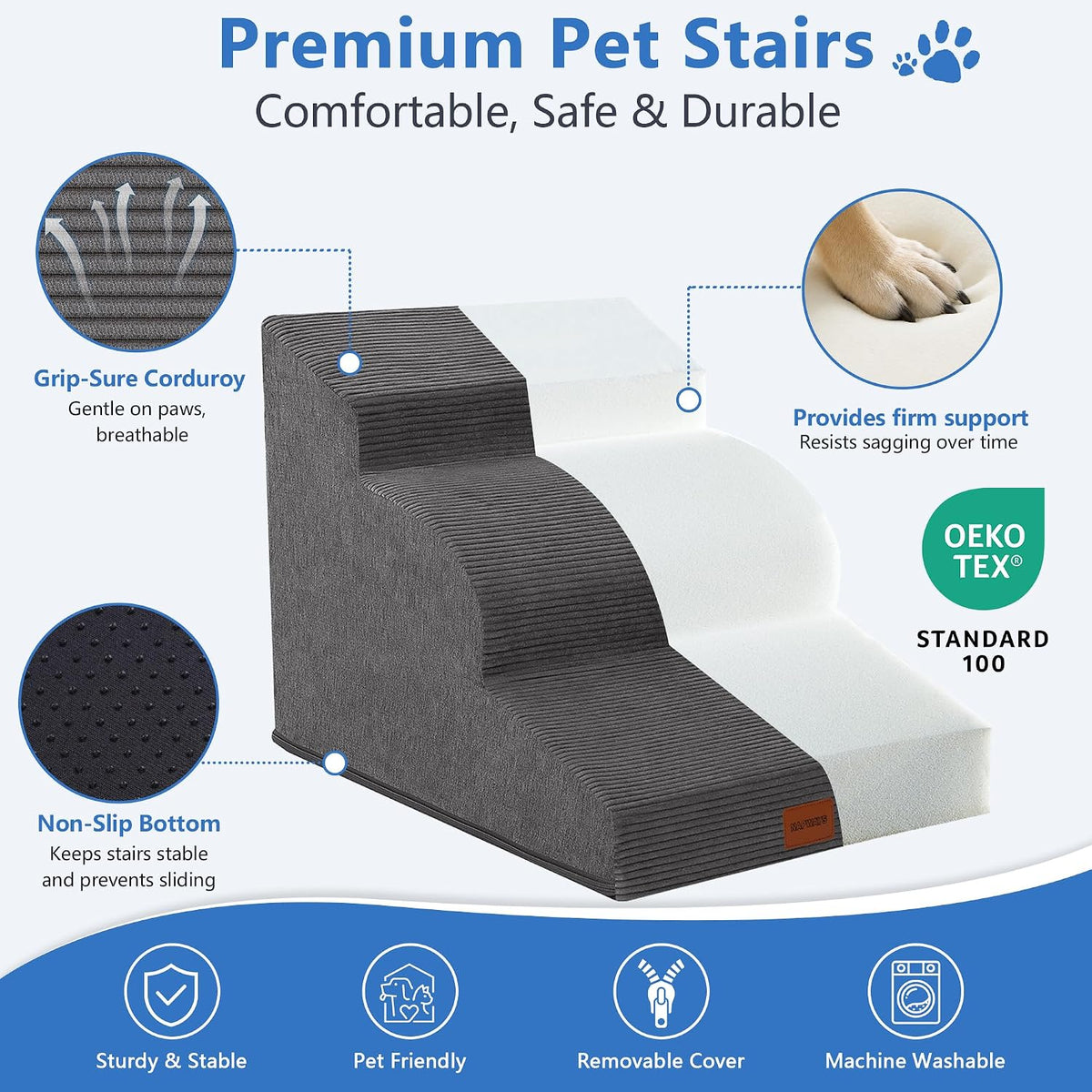 4-Step Curved Dog Stairs 19.7"H for Medium Dogs Standard Bed & Sofa