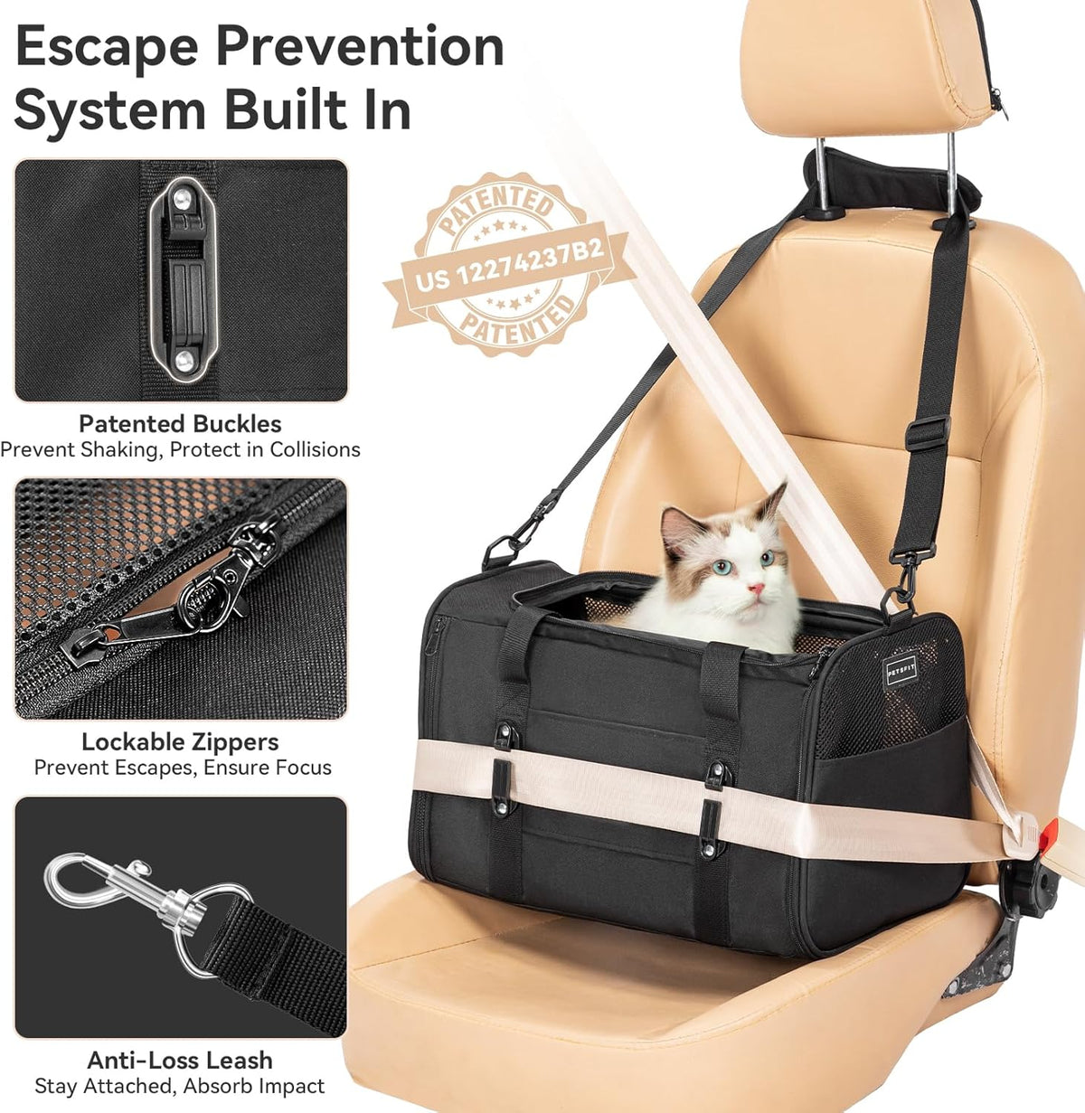 PETSFIT Large Cat Carrier with Patented Safety Buckles,Big Cats Up to 20 lb