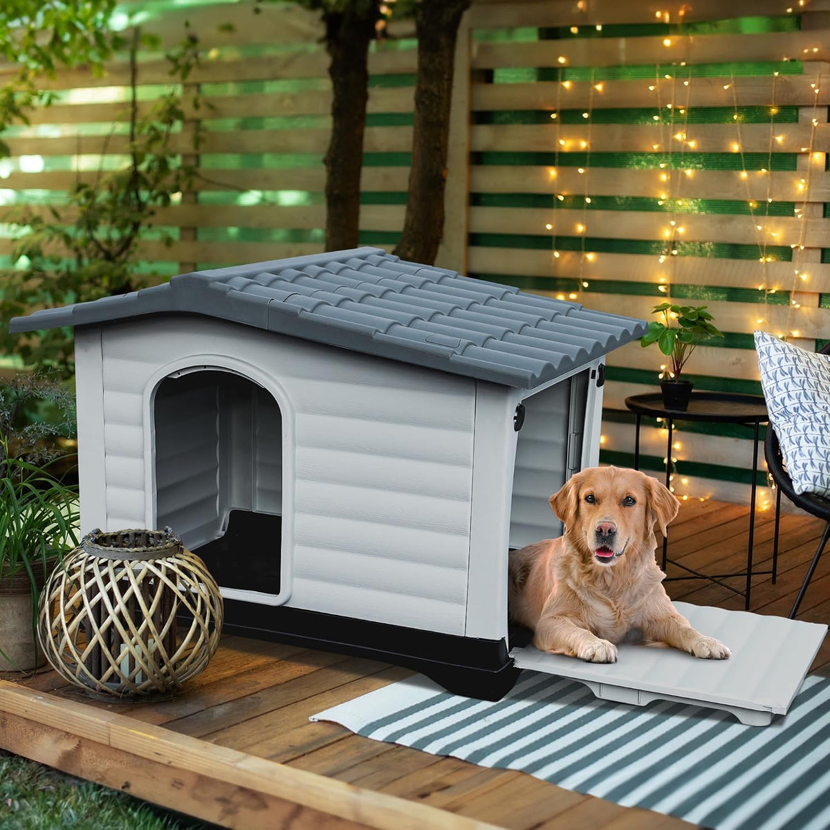DWVO 2-Door Large Dog House with Elevated Base & Cushion, Weather-Resistance Dog Bed House for Indoor/Outdoor Use, Easy Assembly Pet House for Small to Large Dogs (43.7''L x 33''W x 31.6''H)