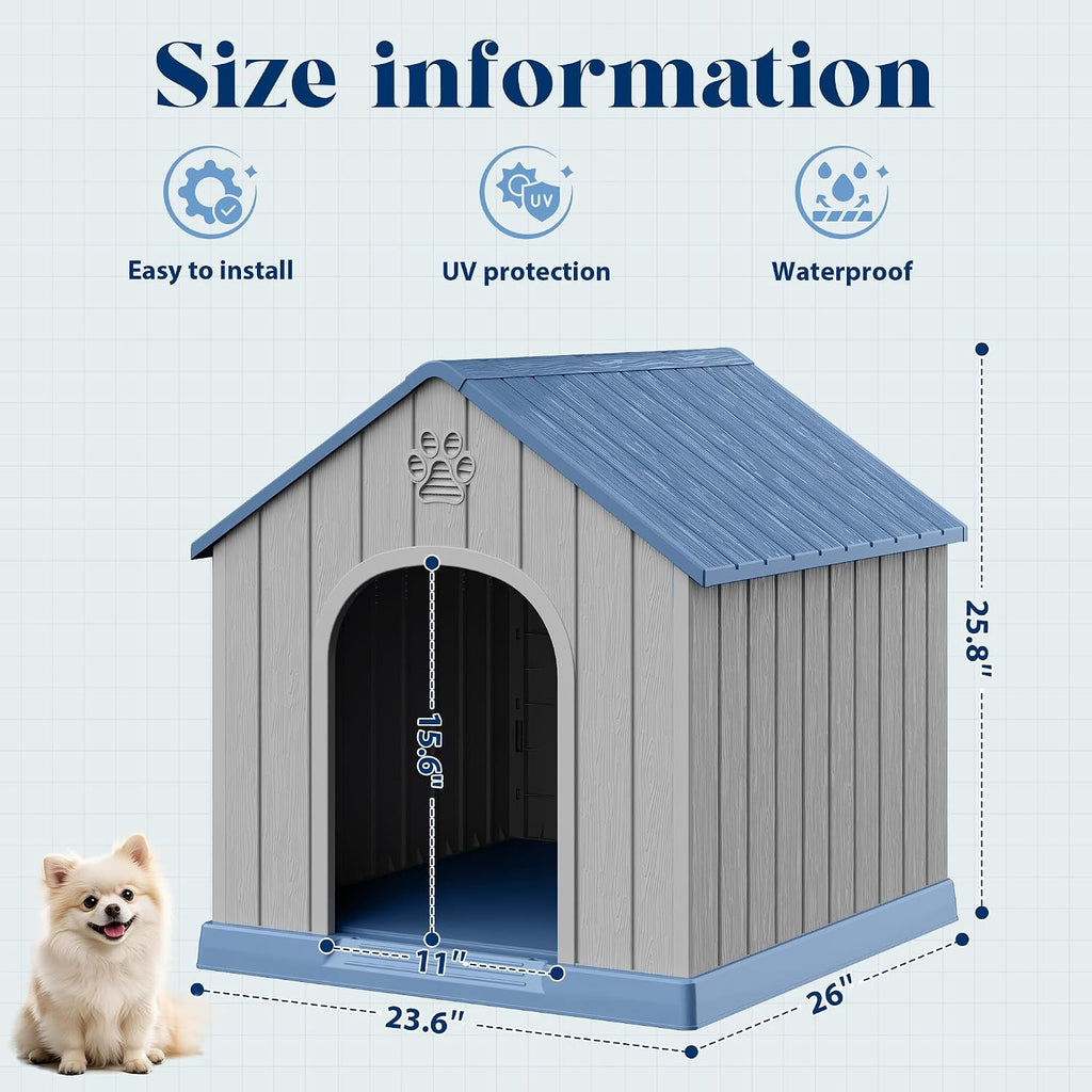 Dog House Outdoor, Plastic Small Dog House-Weatherproof Design with Air Vents & Elevated Floor for Small to Medium Dogs, Easy Clean and Assemble (Classic Blue, 26''L × 23.6''W × 25.8''H)