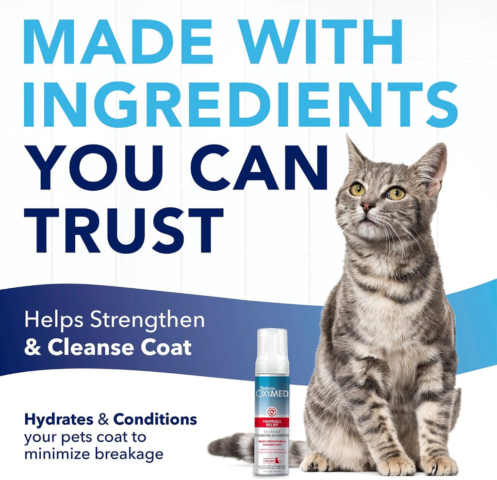 TropiClean OxyMed Waterless Dry Shampoo for Cats, Hairball Relief, 7.4oz