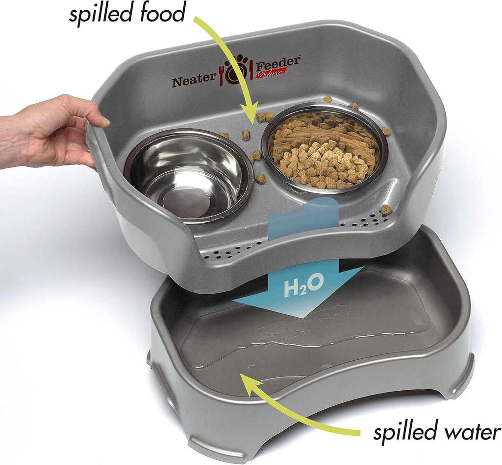 Neater Pet Brands Neater Feeder Deluxe Mess Proof Dog Bowls Elevated for Large Dogs Over 40 lbs, Made in USA, No Spill Raised Dog Food Bowl Stand Feeding Station, Food and Water Bowl Set, Gunmetal 