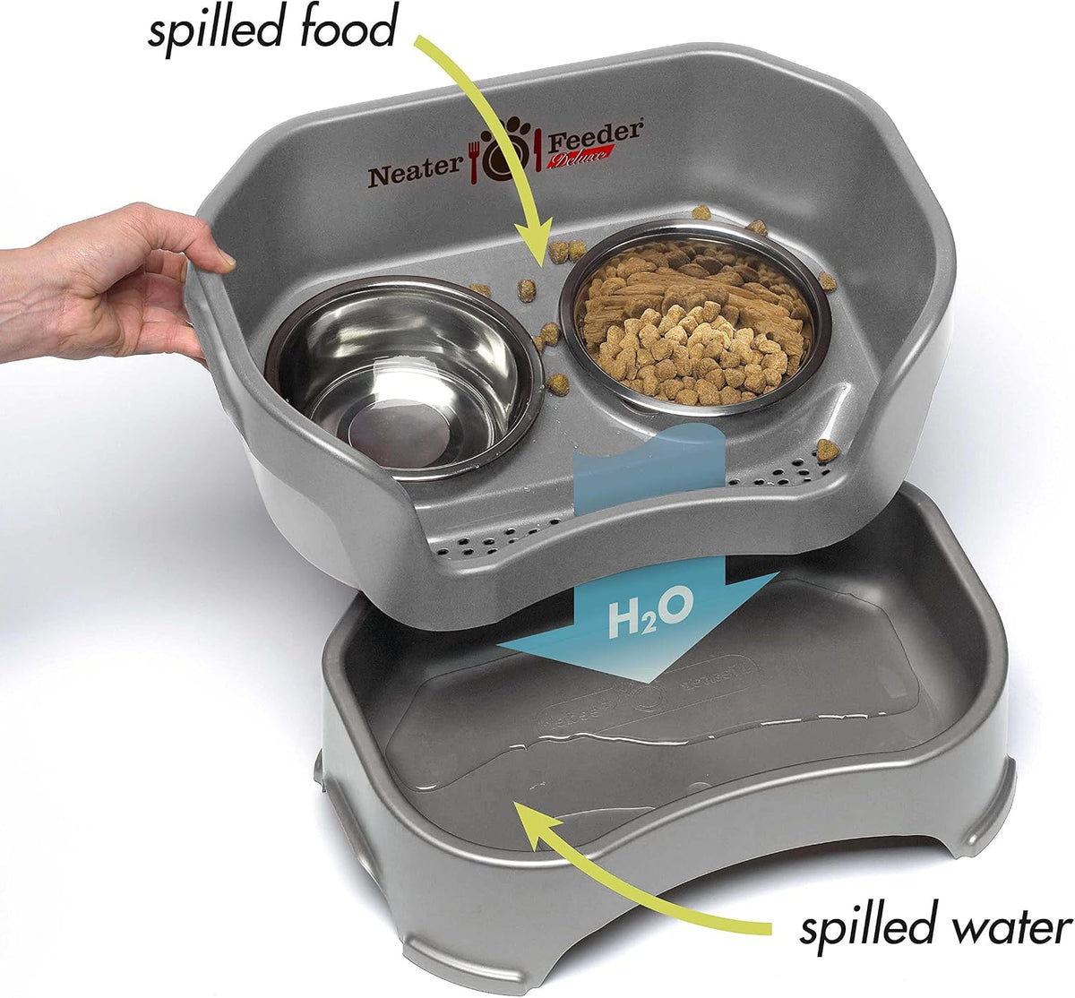 Neater Pet Brands Neater Feeder Deluxe Mess Proof Dog Bowls Elevated for Large Dogs Over 40 lbs, Made in USA, No Spill Raised Dog Food Bowl Stand Feeding Station, Food and Water Bowl Set, Gunmetal 