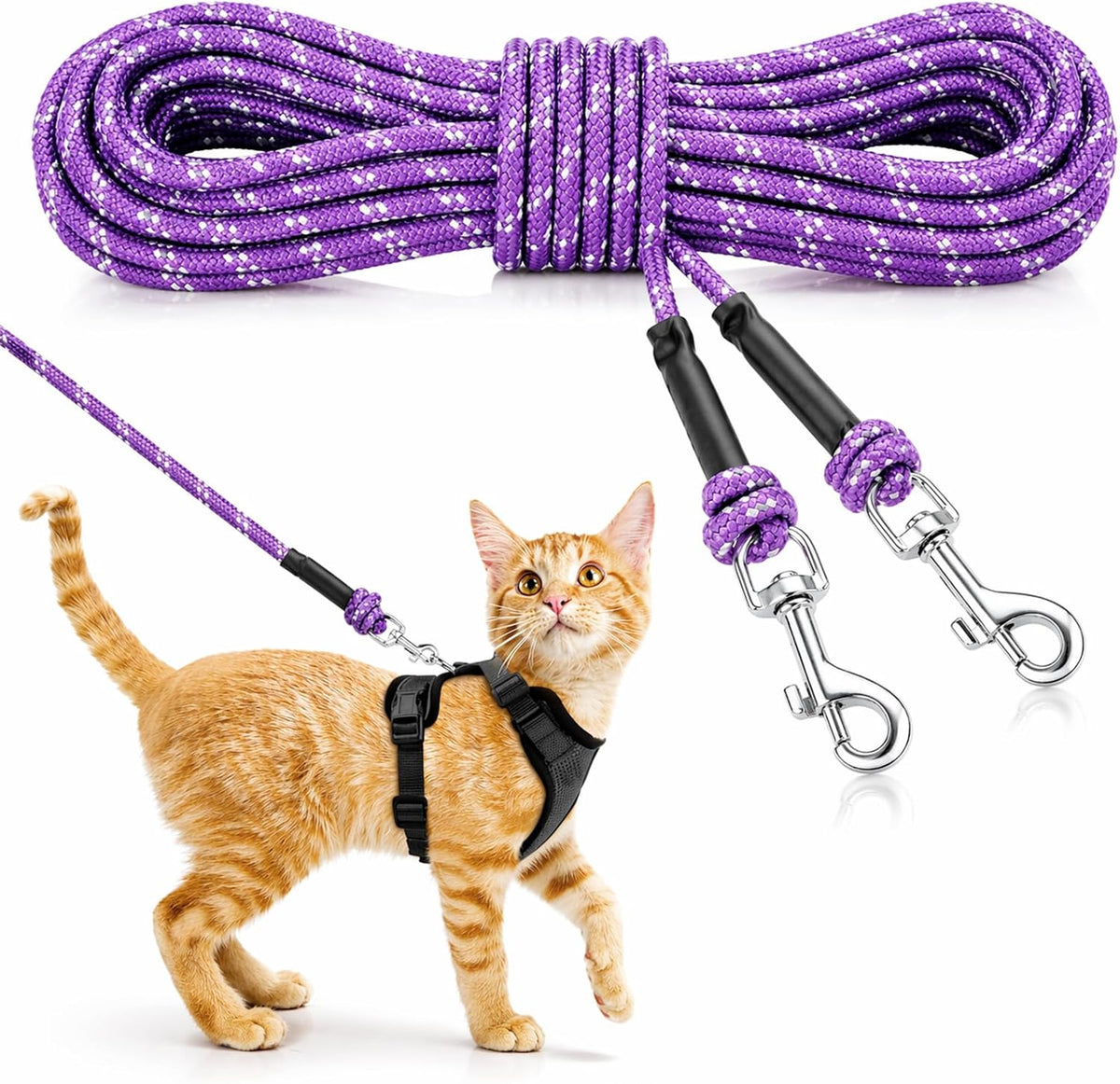 Reflective Cat Long Leash 15 FT, Outdoor Backyard Cat Tie Out Lead,Purple