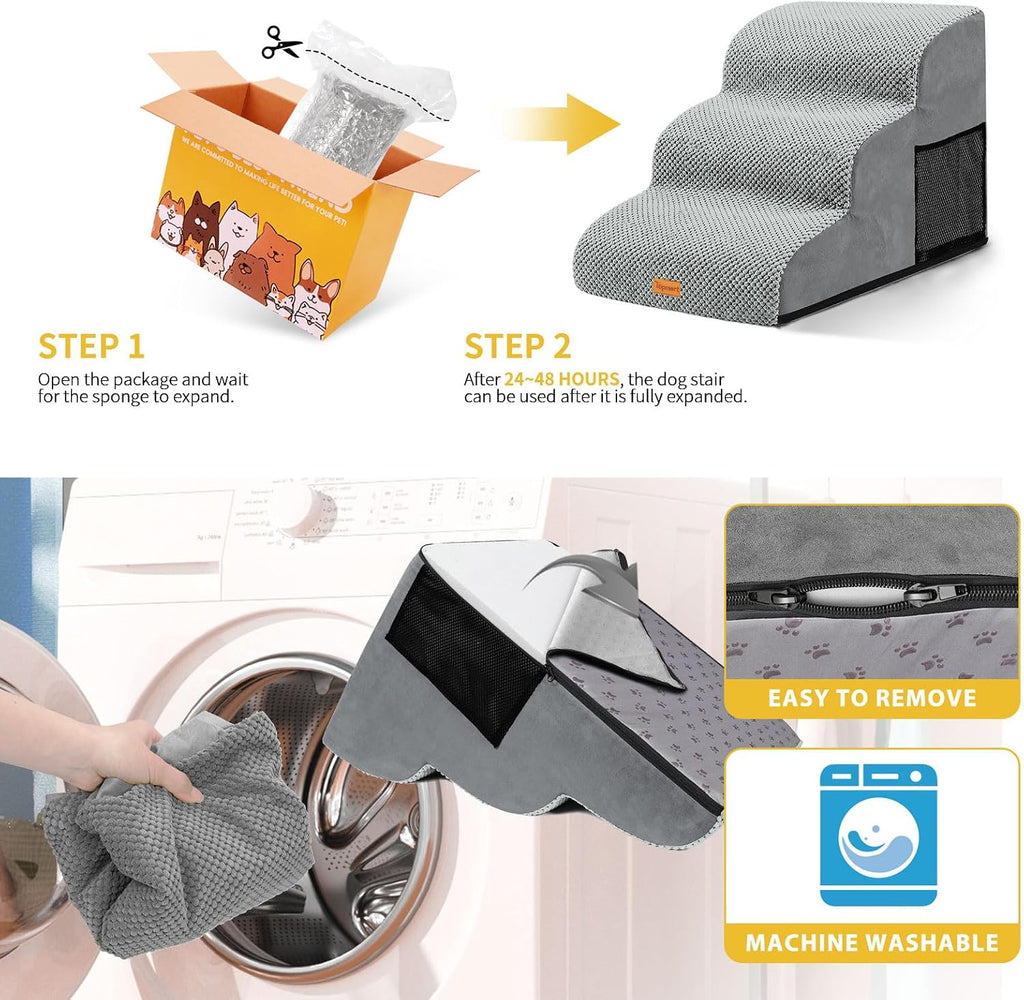 Dog Stairs for Small Dogs, 3-Step Non-Slip Foam Pet Steps for Couch Bed