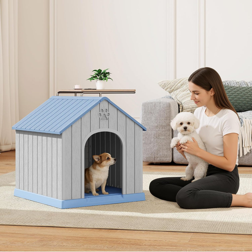 Fancyango Dog House Outdoor Indoor for Small Medium Dogs, Sturdy Plastic Waterproof Doghouse with Air Vents and Elevated Floor, Easy Clean and Assemble (Blue, 26.18''L × 24.02''W × 25.98''H)