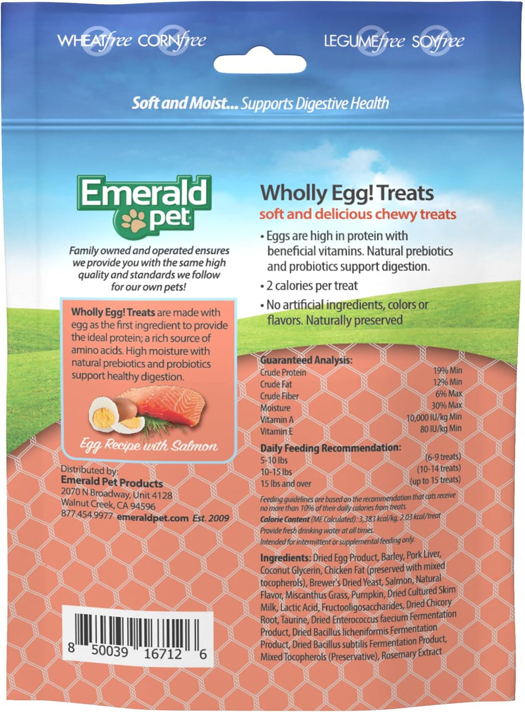 Emerald Pet Wholly Egg Cat Treats for Digestive Health – Soft & Moist Salmon Cat Treats with Natural Prebiotics & Probiotics – Supports Gut Health, 2.5 oz
