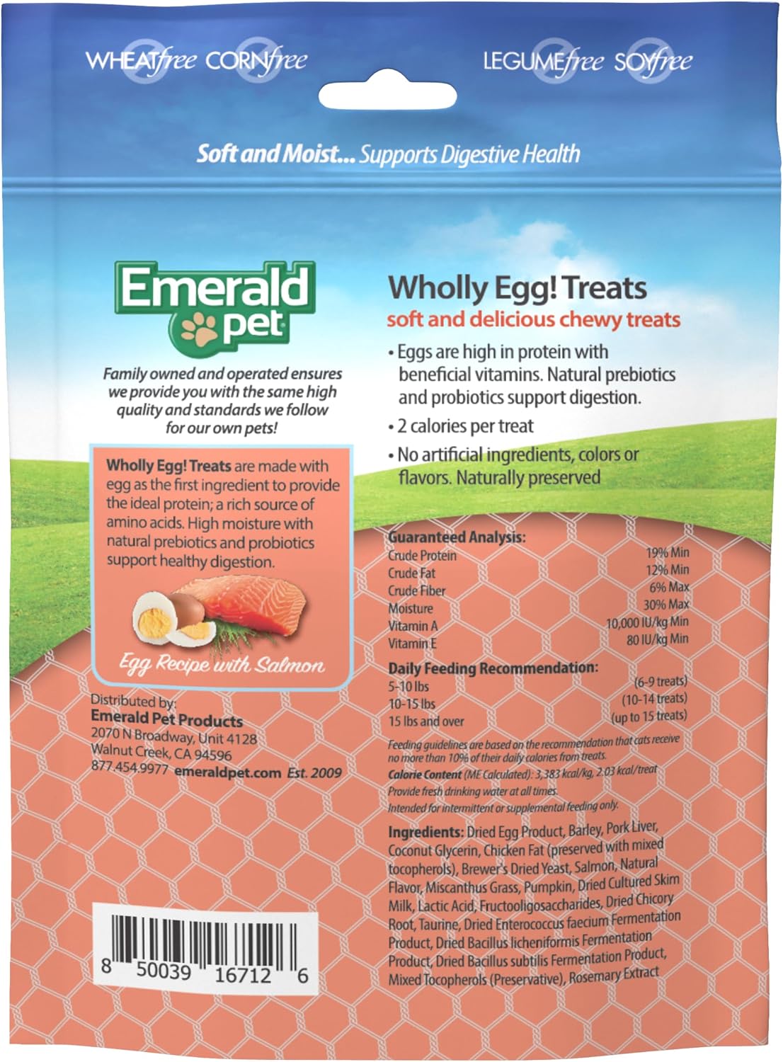 Emerald Pet Wholly Egg Cat Treats for Digestive Health – Soft & Moist Salmon Cat Treats with Natural Prebiotics & Probiotics – Supports Gut Health, 2.5 oz