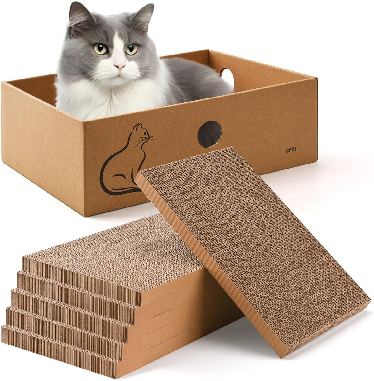 AUSCAT Cat Scratcher Box with 6PCS Cat Scratching Board, Cardboard Cat Scratchers for Indoor Cats, Reversible Cat Scratch Pads for Small Medium Kittens, 14.6" L x 10.7" W x 5.2" H