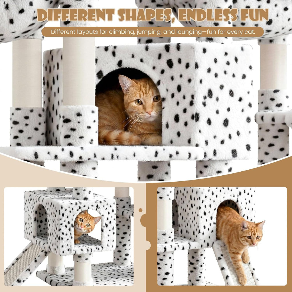 SHA CERLIN 87 in Multi-Level Tall Cat Tree Tower for Large Cats/Extra Wide Feline Activity Center/Sisal Scratching Posts/Wide Base/Cozy Plush Perches/Baskets/Hammocks/Toy Balls/White & Black Spot