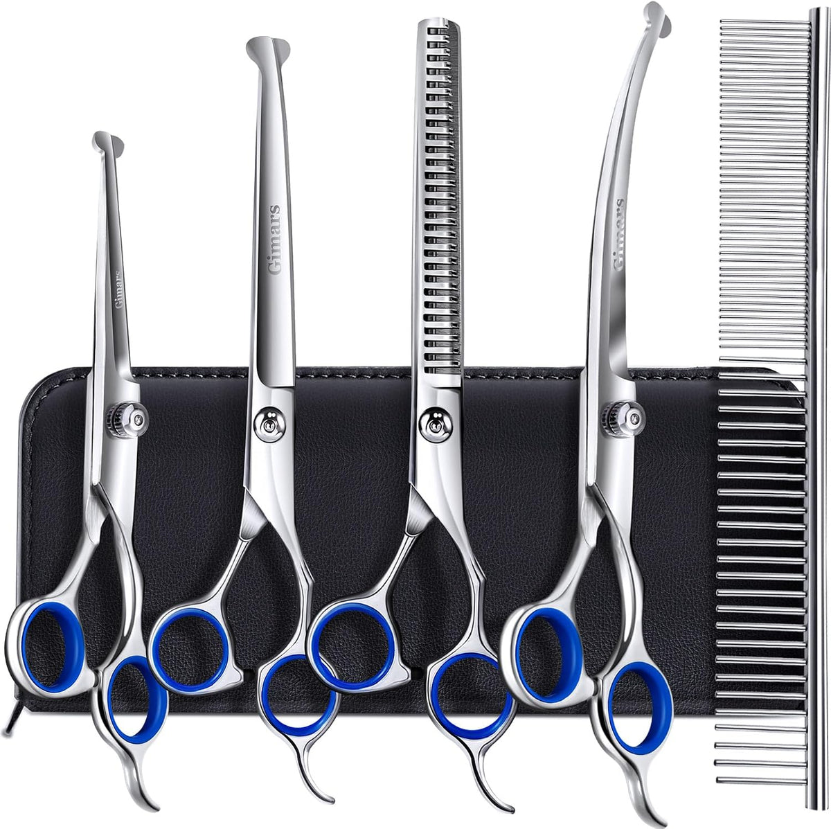 Gimars Titanium Coated Professional 6 in 1 4CR Stainless Steel Dog Grooming Scissors with Safety Round Tip, Heavy Duty Pet Grooming Scissor for Dogs, Cats and Other Animals 