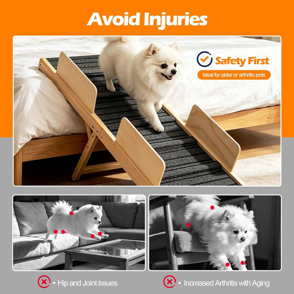 Dog Ramp for Bed, 40" Long Wooden Foldable Dog Ramp, 5 Adjustable Heights from 9.8" to 24.4", Portable Stable Pet Steps with Non-Slip Pad, Pet Ramps Use for Sofa Couch Stairs