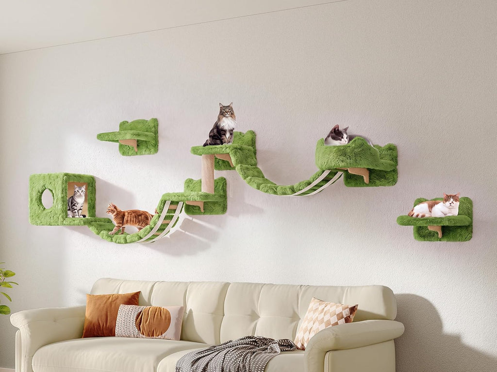 Cat Wall Furniture, 9 in 1 Cat Wall Shelves Set with Bridge, Green