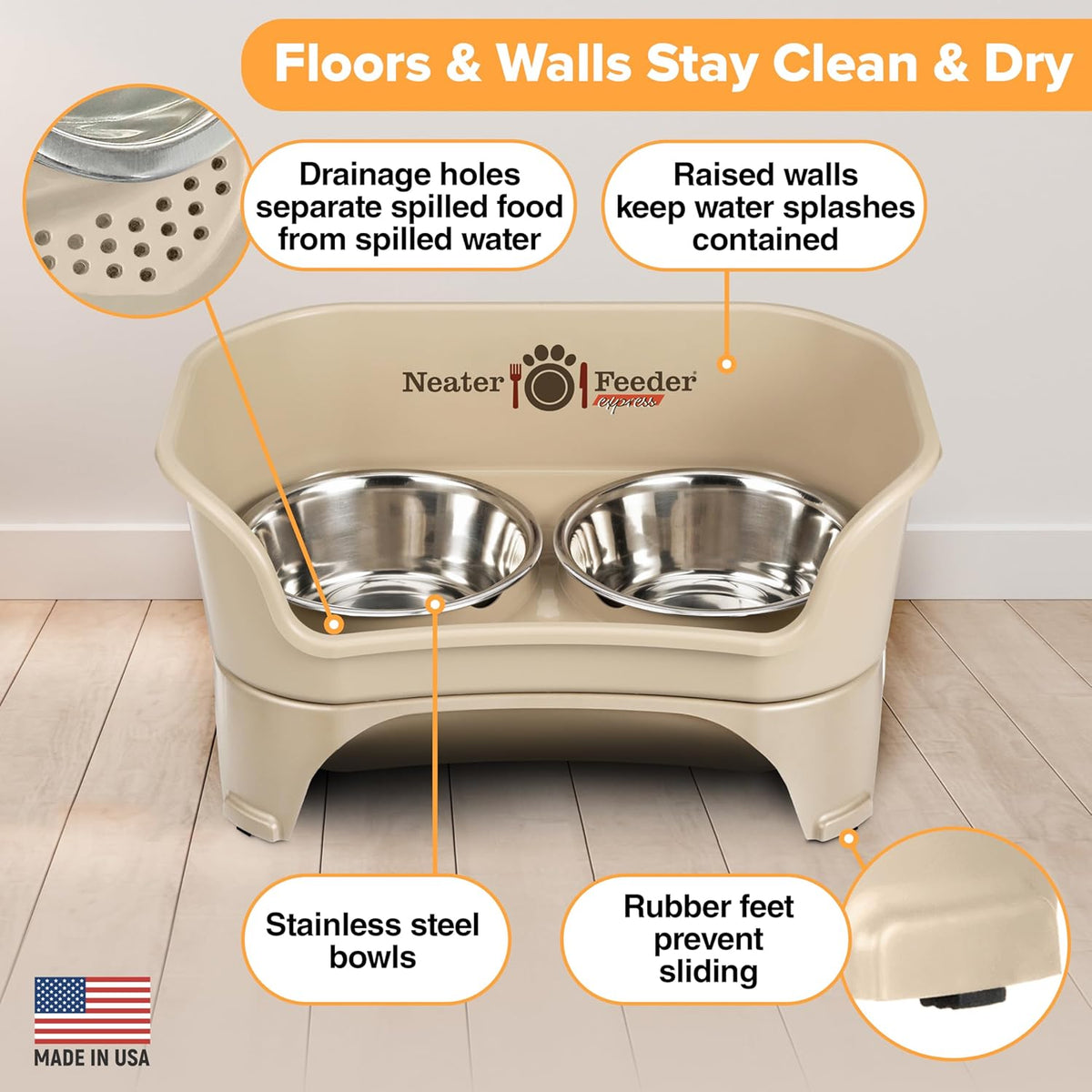 Neater Feeder Express Mess Proof Dog Bowls Elevated for Medium to Large Sized Breed, No Spill Raised Dog Food Bowl Stand, Stainless Steel Food and Water Bowl Set, Pet Dish Feeding Station, Almond 