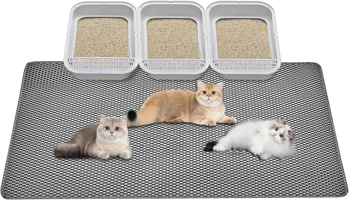 Cat Litter Mat - Extra Large Cat Litter Mat Litter Trapping Mat 46"x26"-Honeycomb Double Layer Design,Urine and Water Proof Material,No Slip& No Phthalate,Washable Easy Clean（Grey）