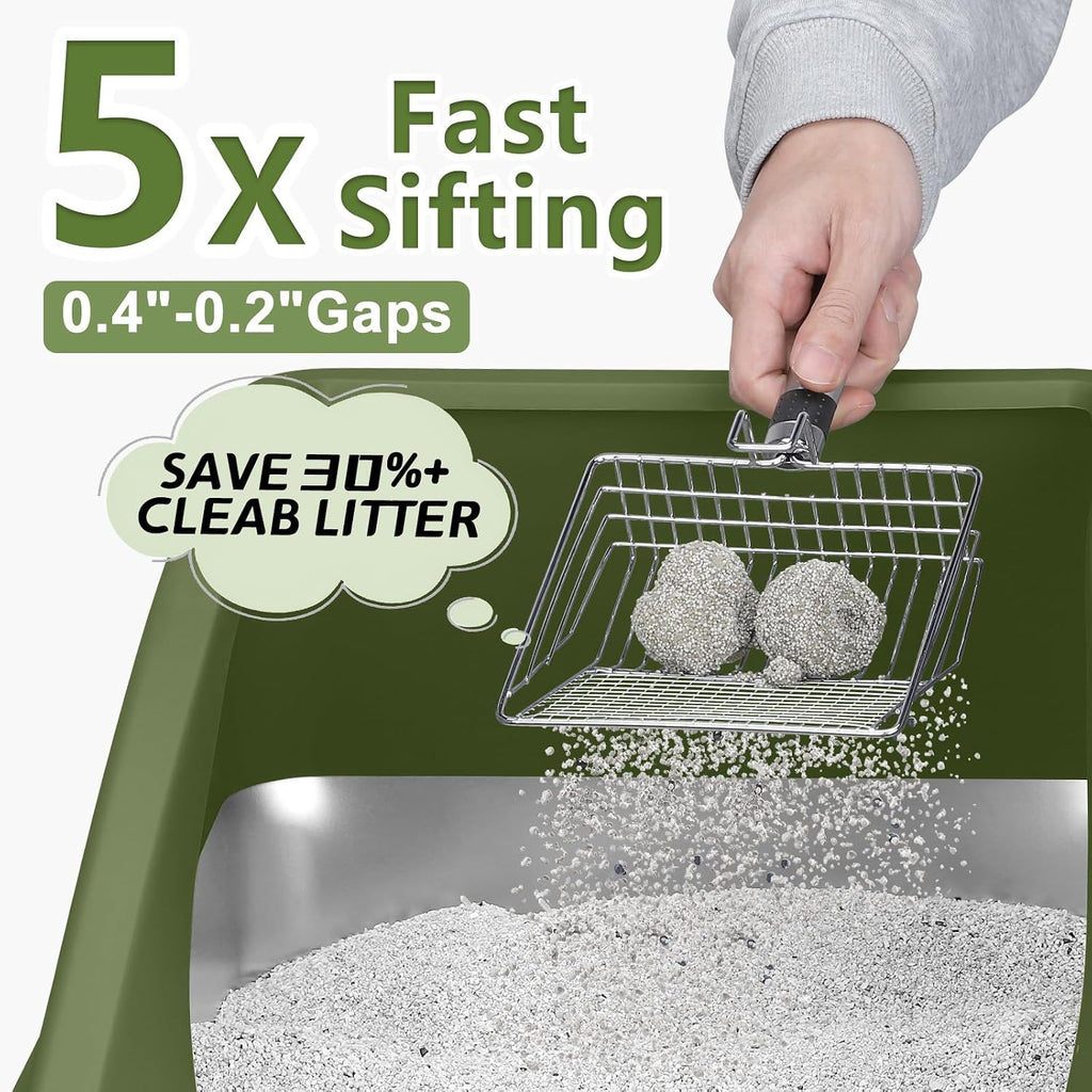AIPERRO Stainless Steel Litter Box | XL Enclosed Metal Cat Litter Boxes | High Sided with Lid for Big Cats | Anti-Urine Leakage | Non-Stick Bottom & Includes Litter Mat & Metal Scoop (Olive Green)