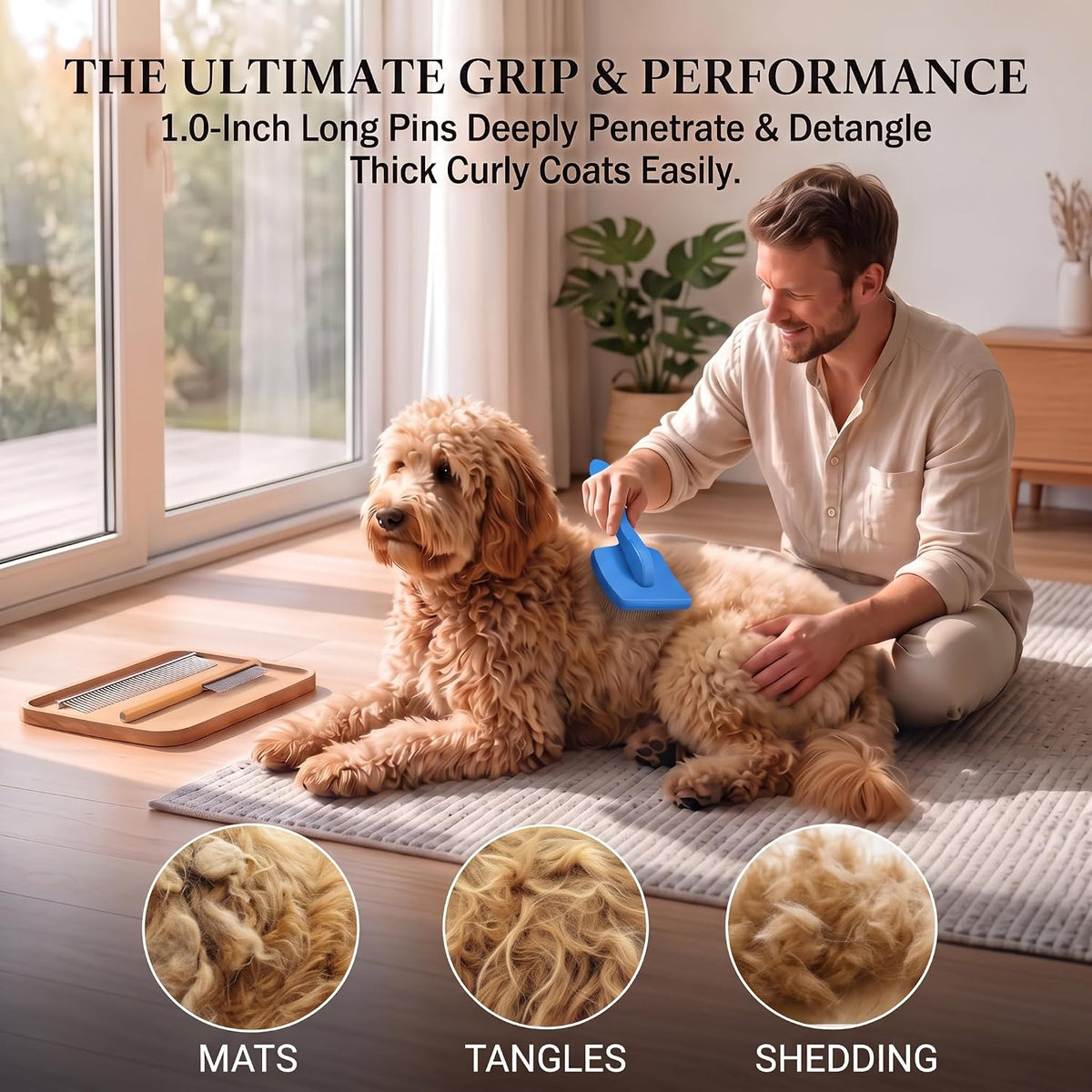 3-in-1 Long Pin Slicker Brush Set, Pet Grooming Kit, Blue