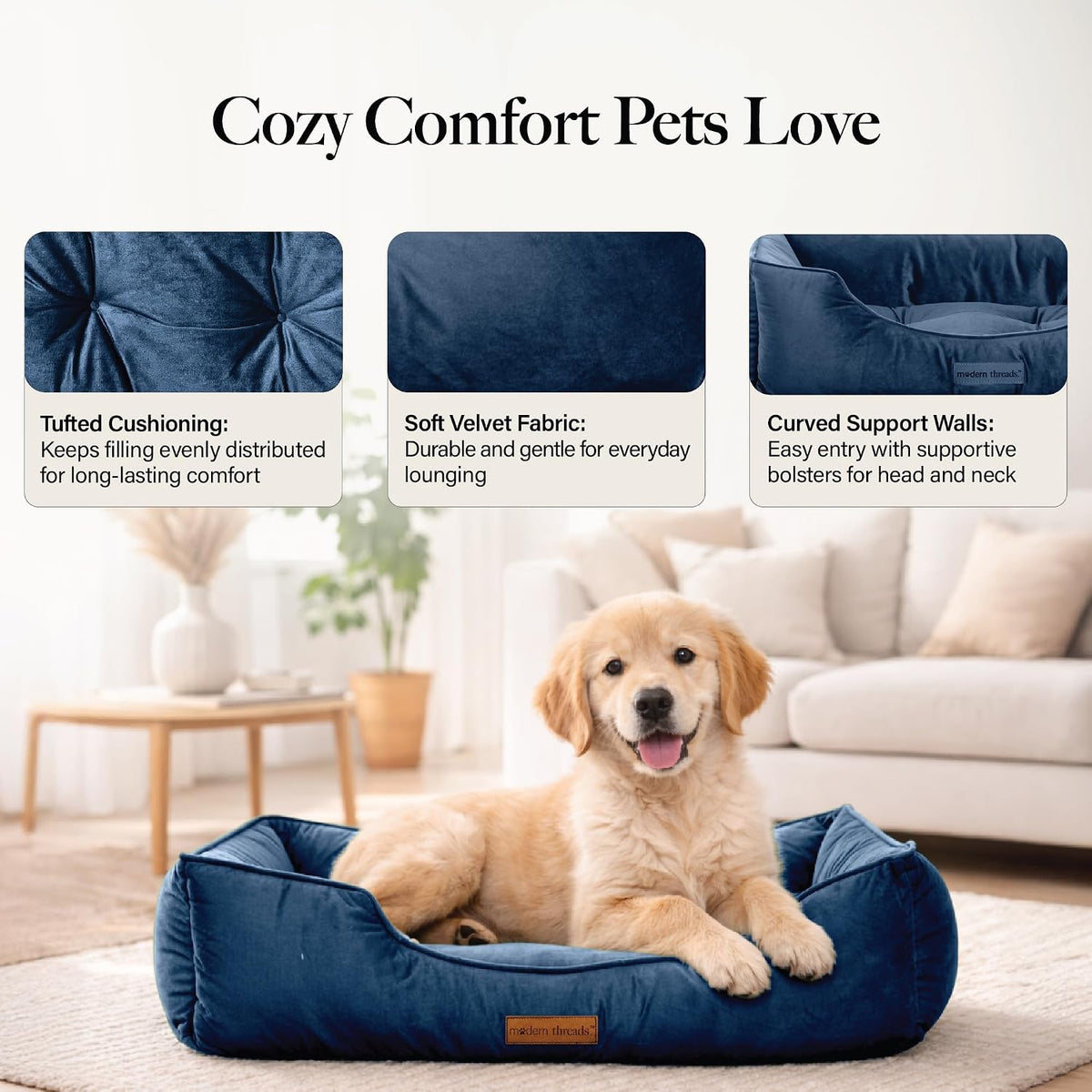 Modern Threads Luxury Dog Bed - Comfortable Tufted Velvet Cushion for Small to Large Dogs - Machine Washable - Durable & Cute Sleep Space for Pets - Pamper Your Pet with Cozy Beds - Denim